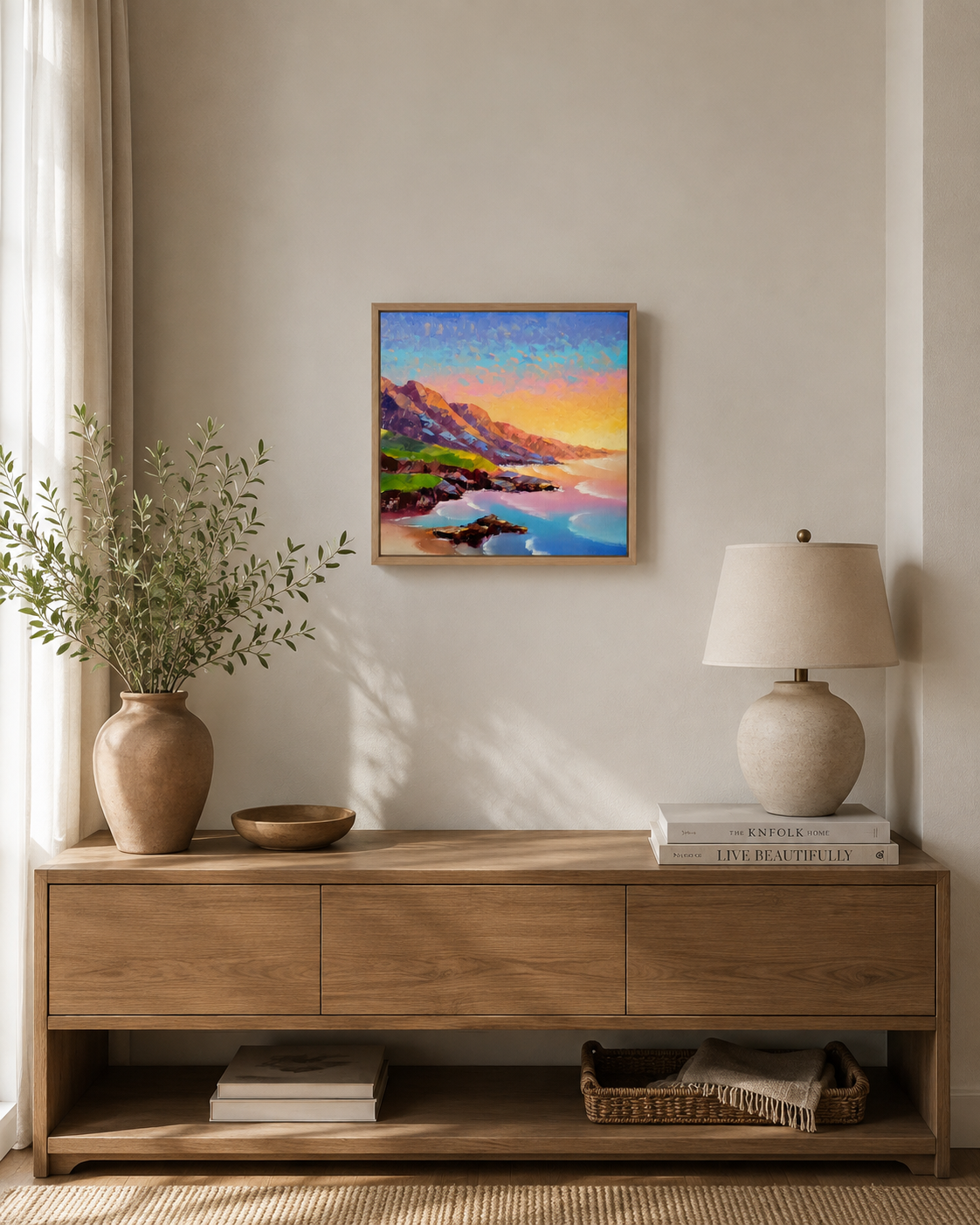 Room mockup of First Light abstract oil painting displayed on a wall