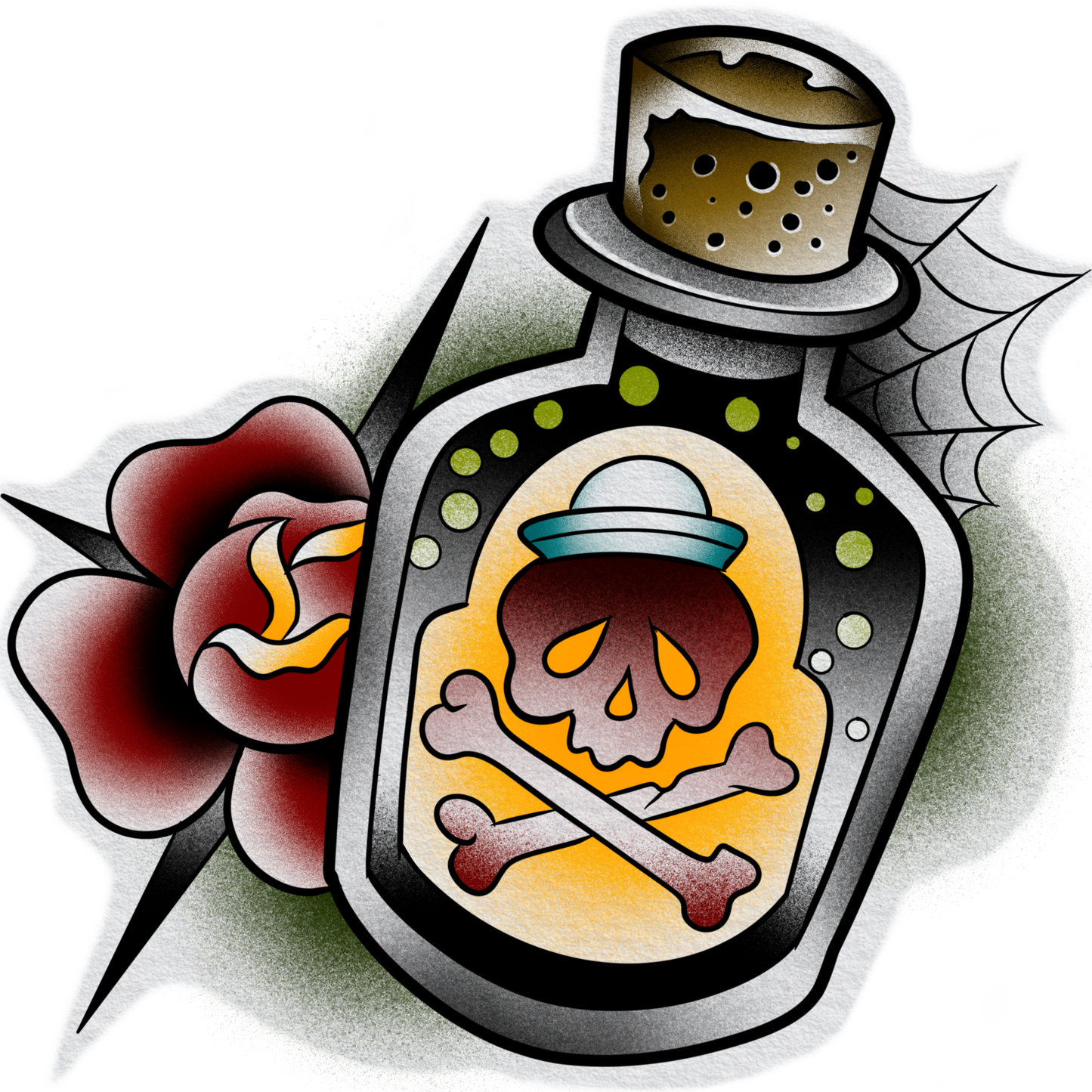 Poison Bottle & Rose — Traditional Tattoo Design