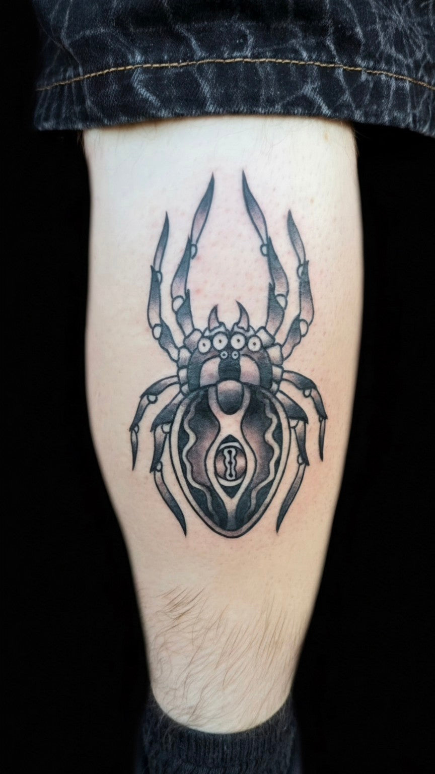 Black and gray Ember Fang Spider tattoo by Thomas Ingram