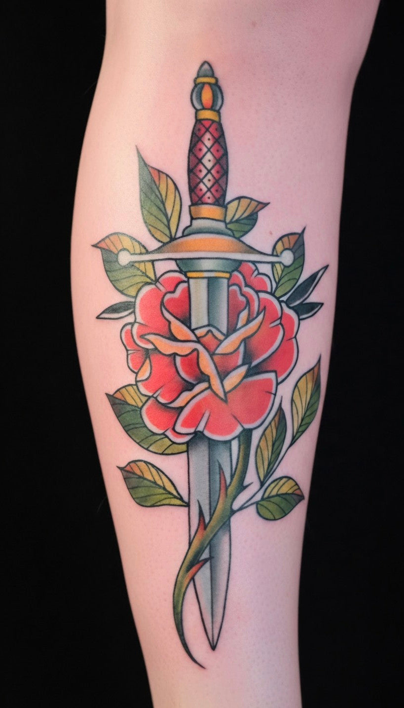 Rosebound Dagger traditional color tattoo by Thomas Ingram
